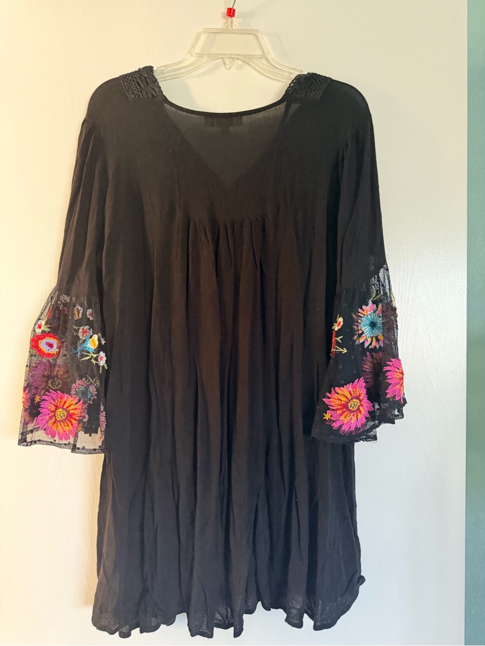Umgee XL Black Boho Embroidered Floral Mesh Sleeve Mini Dress